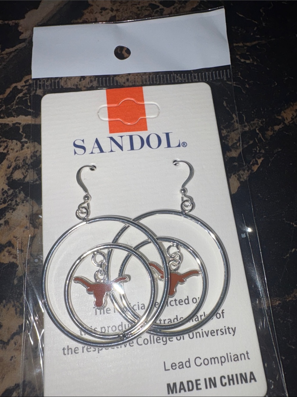 Sandol Silver Hoop Earrings with Burnt Orange Longhorn Charm